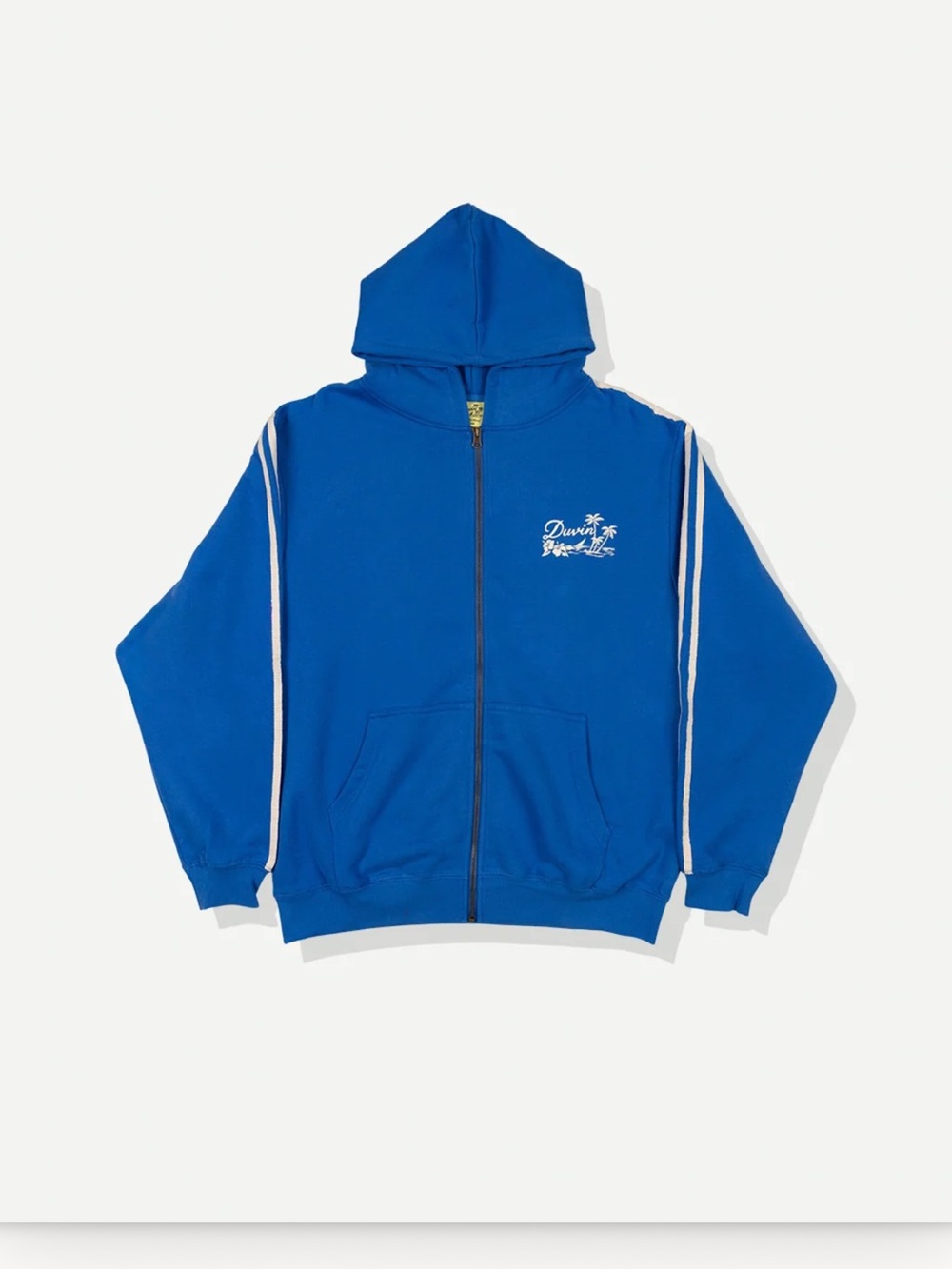 Blue Zip-Up Hoodie Jacket with White Sleeve Stripes